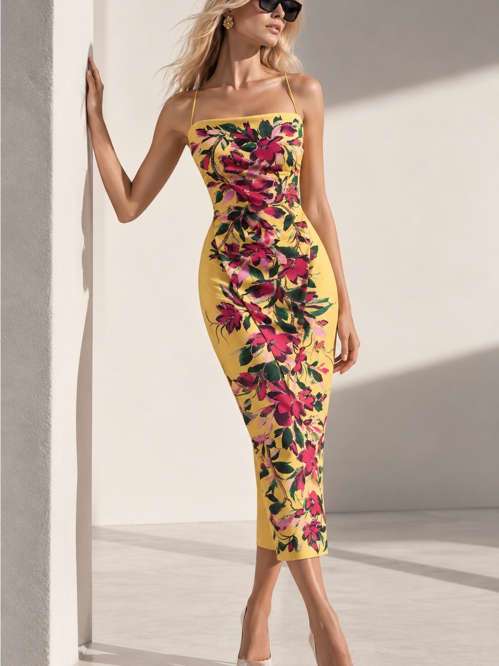 Badgley Mischka Yellow Floral Spaghetti-Strap Midi Dress